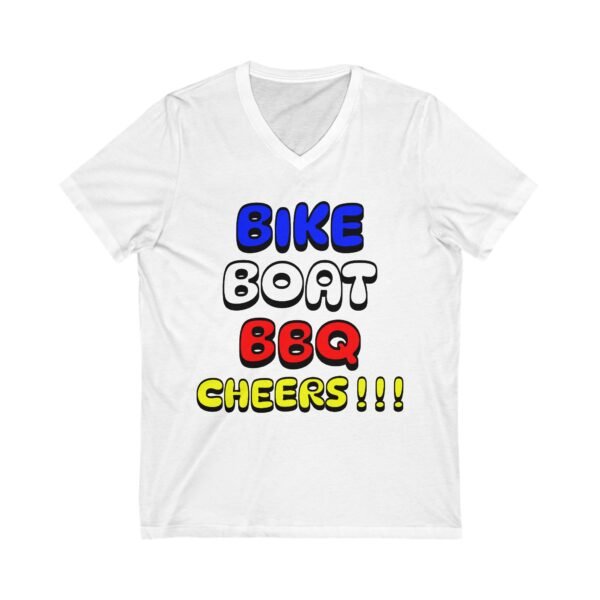 Bike Boat BBQ, Unisex Jersey Short Sleeve V-Neck Tee - Image 3