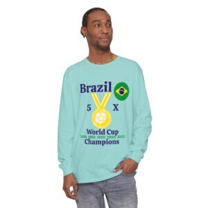 Brazil, 5 X World Cup Champions, Unisex Garment-dyed Long Sleeve T-Shirt